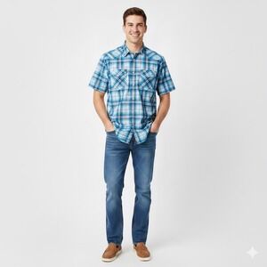 Helix Mens Size Medium Plaid Western Shirt Blue Gray Short Sleeve Casual Work